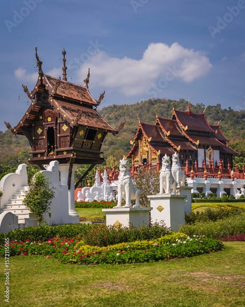 Fototapeta The Royal Flora Ratchaphruek Park. The Grand Pavilion at Hor Kam Luang Temple Chiang Mai in northern Thailand.  Attraction, Popular, Tourist destination.