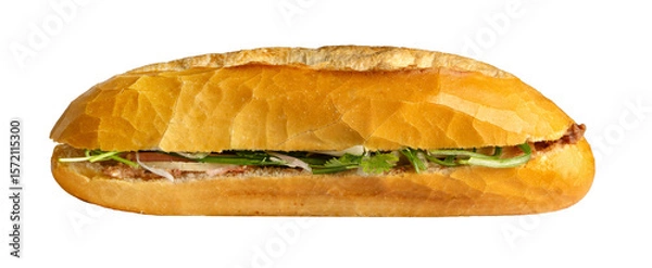 Obraz Close up of a banh mi sandwich with meat. Banh mi thit nuong or a vietnamese barbecue pork sandwich. Street food in vietnam