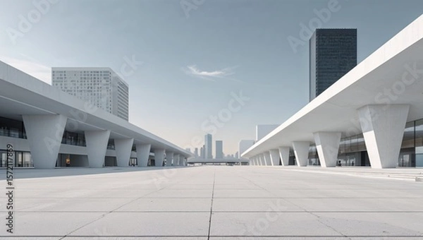 Fototapeta A modern cityscape view featuring white buildings and a skyline under a clear sky on a sunny day
