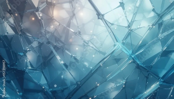 Fototapeta Abstract Shattered Glass, Digital Art, Blue Hues, Crystalline Structure, Geometric Fragments, Sparkling Luminous, Network, 3D Render