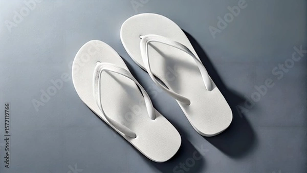 Fototapeta A pair of white flipflops are displayed on a neutral background