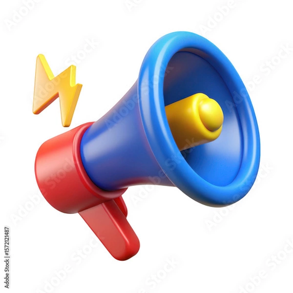 Fototapeta 3d cartoon megaphone with lightning bolt isolated on transparent background