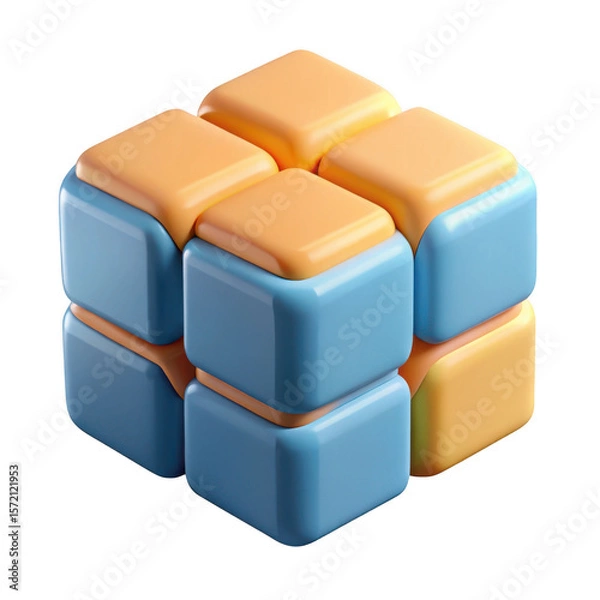 Fototapeta 3d abstract cube puzzle blue and orange blocks isolated on transparent background
