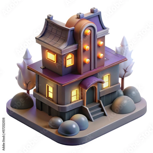 Fototapeta Stylized isometric 3d model of a charming illuminated house with unique architectural features isolated on transparent background