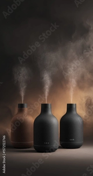 Fototapeta Three dark-toned, rounded, ceramic diffusers emit warm vapor