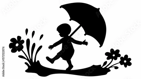 Fototapeta Silhouette of a child with an umbrella walking through flowers and puddles in a playful scene outdoors