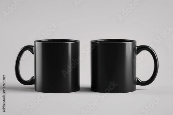 Fototapeta Two identical black mugs, side-by-side, on a neutral backdrop