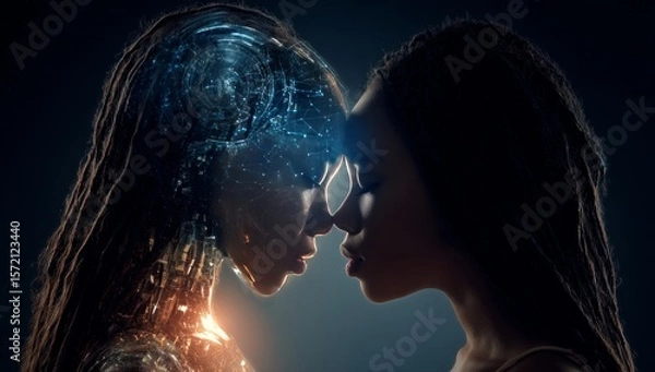 Obraz Futuristic Female Robots Facing Each Other in Dark Background with Digital Technology Elements