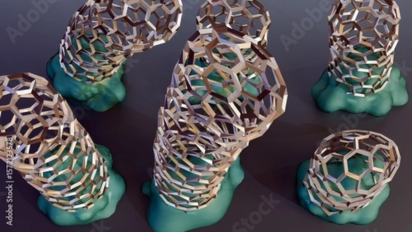 Fototapeta A 3D rendering showing carbon nanotubes growing from catalyst particles on a surface during Chemical Vapor Deposition (CVD), specifically the base-growth model.