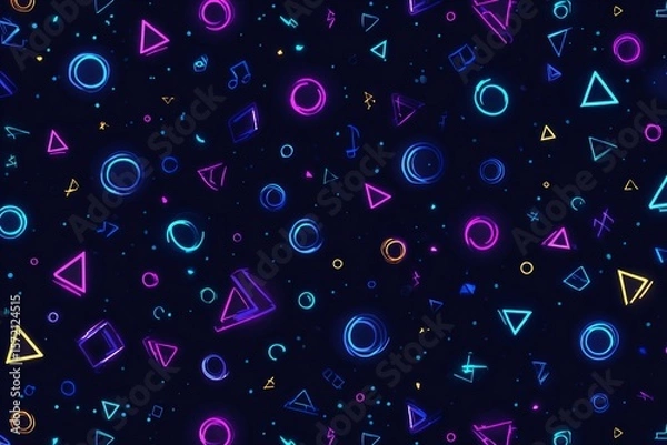 Obraz Colorful Neon Geometric Shapes on Black Background Vibrant Futuristic Pattern