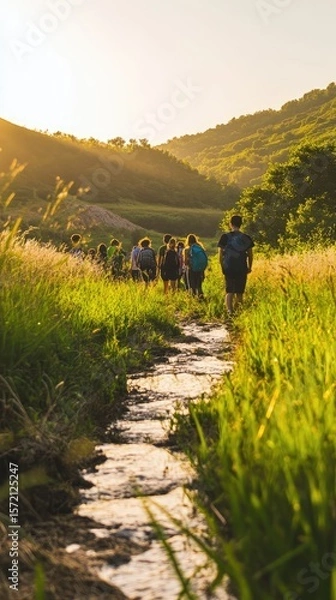 Obraz A group of people are walking down a path in a grassy field