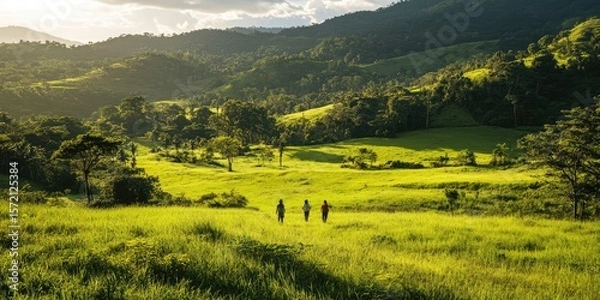 Obraz Three people are walking in a field