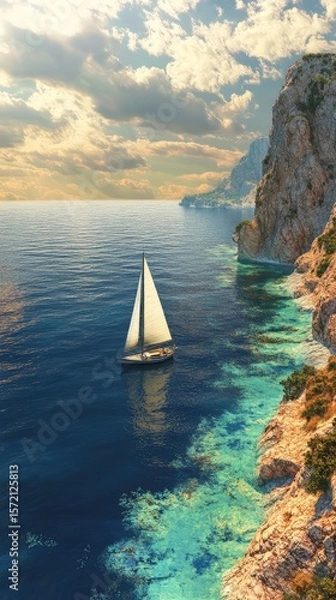 Obraz A sailboat is sailing in the ocean near a rocky shore