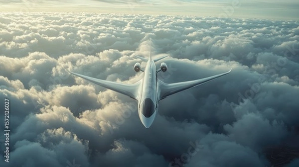 Obraz A white airplane is flying through a cloudy sky