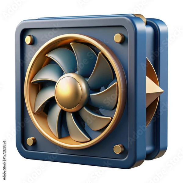 Fototapeta 3d render of a modern gold and blue computer fan isolated on transparent background