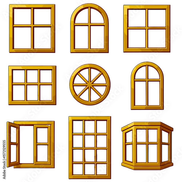 Fototapeta Gold Window Frames Knolling Illustration – Flat Vector Layout of Various Window Shapes 