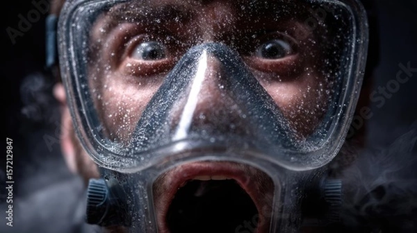 Fototapeta Constant fear concept. A person with a diving mask looks shocked and surprised underwater.