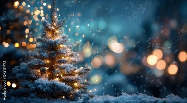 Obraz Snow-Covered Christmas Tree with Warm Lights in Winter Snowfall