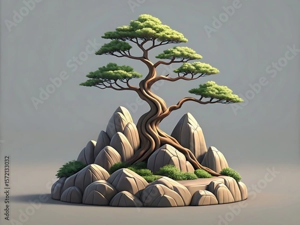 Fototapeta Stylized bonsai tree growing on a rocky outcropping with lush greenery