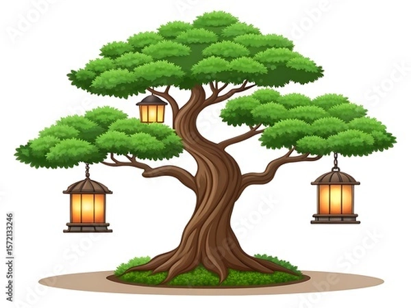 Fototapeta Stylized tree with hanging lanterns and lush green foliage on white background