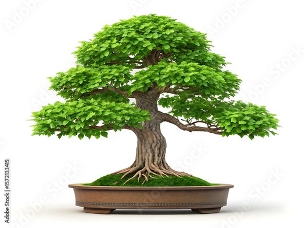 Fototapeta A meticulously shaped green bonsai tree with exposed roots in a decorative pot