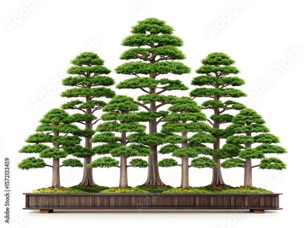 Fototapeta A beautiful arrangement of miniature trees in a wooden planter on a white background