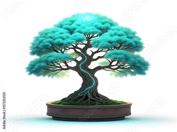 Fototapeta Mystical glowing turquoise bonsai tree with intricate roots and neon energy flow