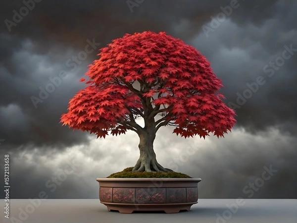 Fototapeta Vibrant red maple bonsai tree with intricate pot against stormy sky