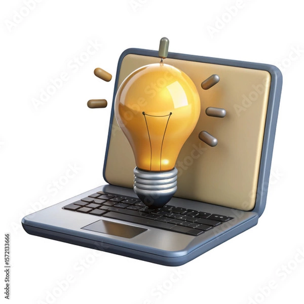 Fototapeta 3d laptop with light bulb idea isolated on transparent background