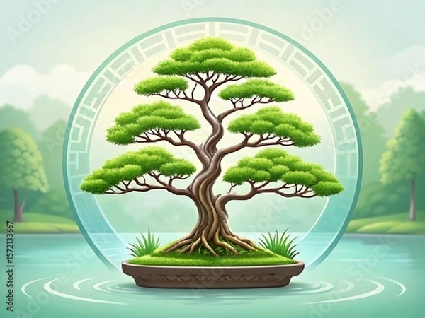 Fototapeta Serene bonsai tree in a circular frame over calm water