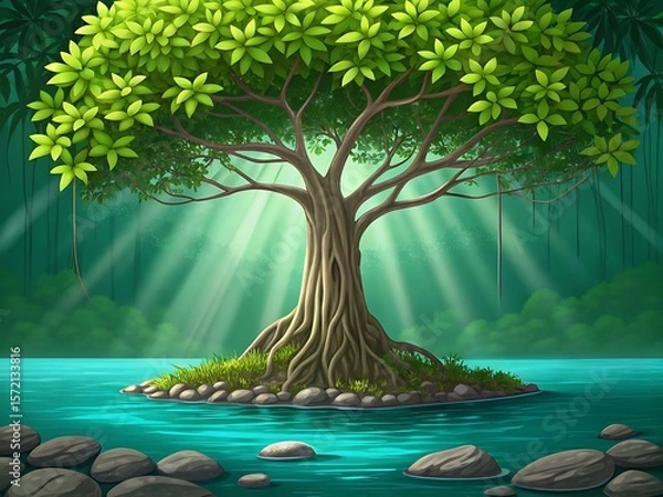 Fototapeta Majestic ancient tree with exposed roots on a small island in turquoise water