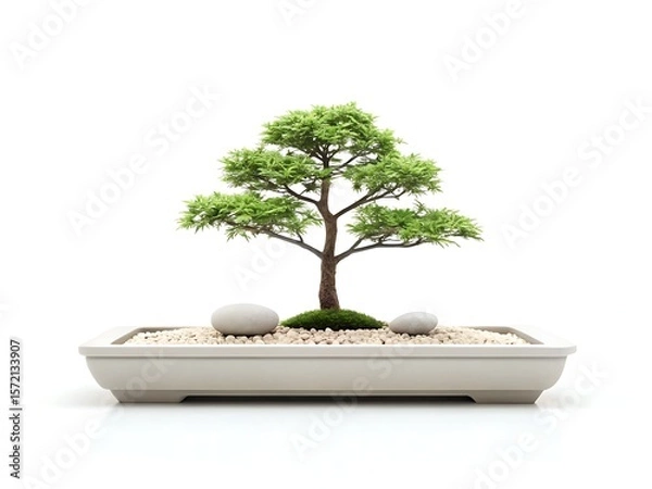 Fototapeta Aesthetic miniature bonsai tree in a white rectangular pot with smooth stones