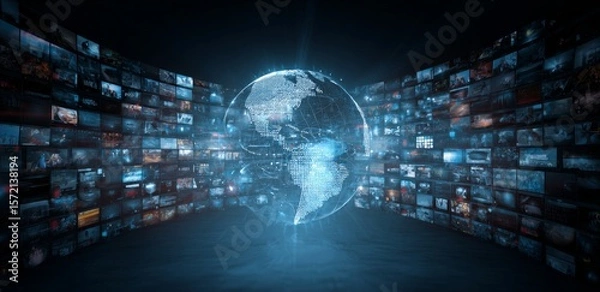 Obraz Digital Globe Surrounded by Multiple Screens with Streaming Data and Technology Visualization