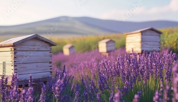 Obraz Beehives in lavender flower field purple view beauty meadow farm
