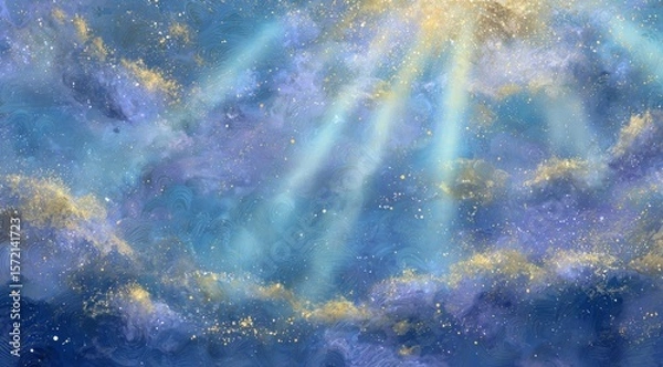 Obraz Abstract Blue Cloudscape with Sunbeams and Gold Dust Artistic Background