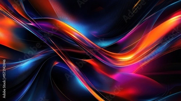 Fototapeta A dynamic abstract scene with sharp glowing lines, neon digital grids, and vibrant light patterns in shades of blue, orange, and purple, cutting through the darkness with energy
