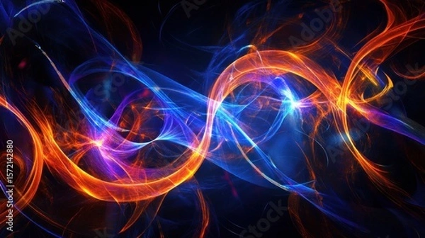 Fototapeta A dynamic abstract scene with sharp glowing lines, neon digital grids, and vibrant light patterns in shades of blue, orange, and purple, cutting through the darkness with energy
