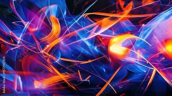 Fototapeta A dynamic abstract scene with sharp glowing lines, neon digital grids, and vibrant light patterns in shades of blue, orange, and purple, cutting through the darkness with energy