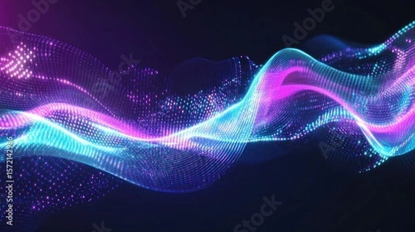 Fototapeta A dynamic futuristic abstract scene with glowing neon shapes, light streaks, and digital grids in shades of blue, purple, and teal, creating a sense of technology and motion