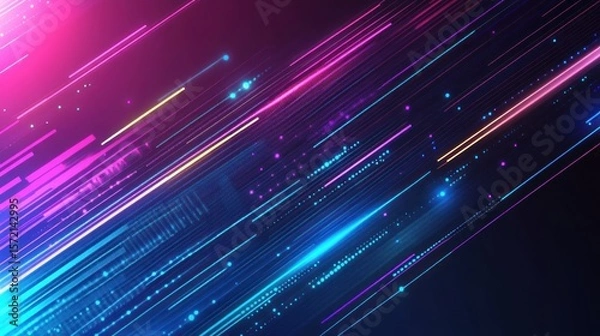 Fototapeta A dynamic futuristic design with neon glowing lines, digital grids, and geometric patterns in shades of blue, teal, and purple, evoking high-tech energy