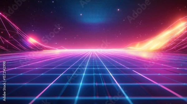 Fototapeta A dynamic futuristic design with neon glowing lines, digital grids, and geometric patterns in shades of blue, teal, and purple, evoking high-tech energy