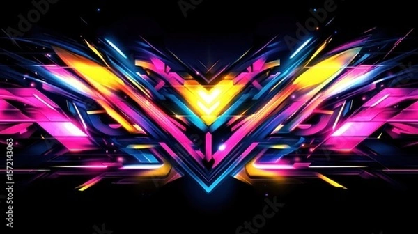 Fototapeta A dynamic, glowing abstract design with bright neon lines and sharp edges in pink, yellow, and blue, set against a dark background for a futuristic feel