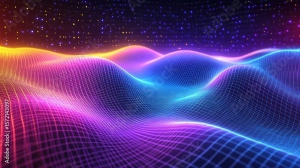 Fototapeta A dynamic neon abstract design with glowing lines, digital grid patterns, and vibrant purple, blue, and yellow hues, evoking a sense of speed and movement