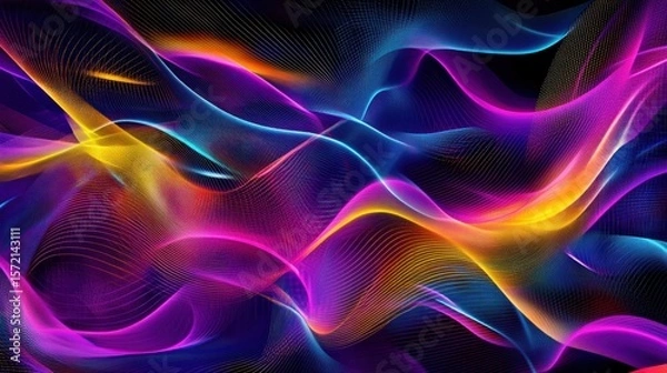 Fototapeta A dynamic neon abstract design with glowing lines, digital grid patterns, and vibrant purple, blue, and yellow hues, evoking a sense of speed and movement