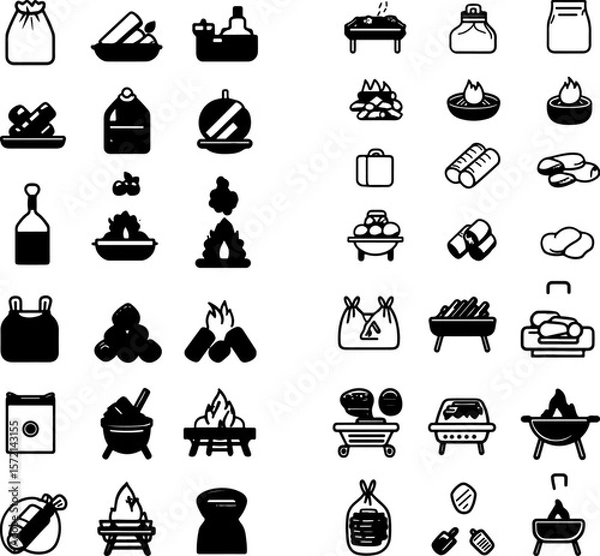 Fototapeta charcoal icon, lump charcoal icon, briquette charcoal icon, grilling charcoal icon, BBQ charcoal icon, charcoal fire icon, burning charcoal icon, hot coals icon, charcoal embers icon, c