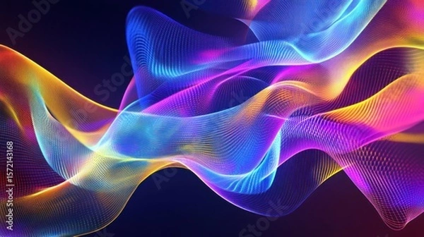Fototapeta A dynamic neon abstract design with glowing lines, digital grid patterns, and vibrant purple, blue, and yellow hues, evoking a sense of speed and movement