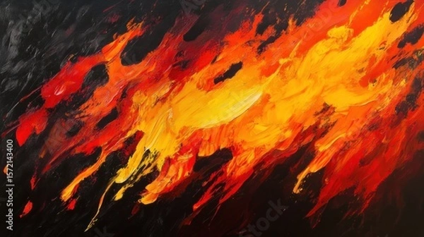 Fototapeta A fiery abstract design with bright streaks of orange, red, and yellow glowing against a dark background, creating a sense of intense heat and energy