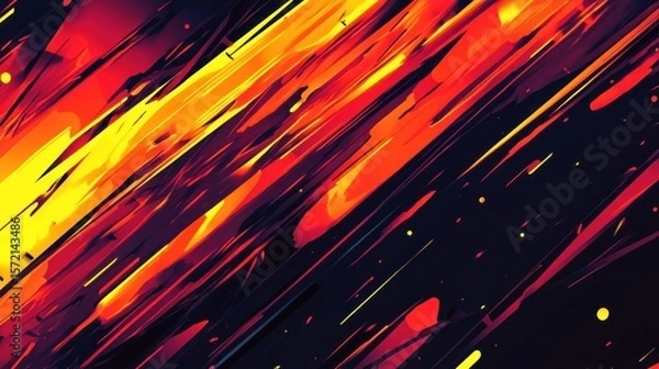 Fototapeta A fiery, intense abstract design with streaks of neon orange, red, and yellow, cutting across a dark background in sharp, angular patterns