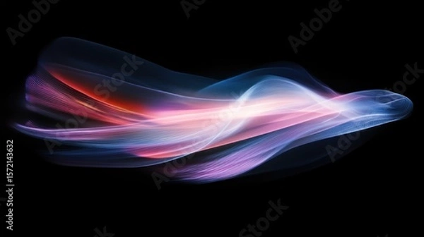 Fototapeta A fluid abstract background with flowing neon trails in soft hues of pink, lavender, and blue, gently glowing against a dark space to evoke calmness