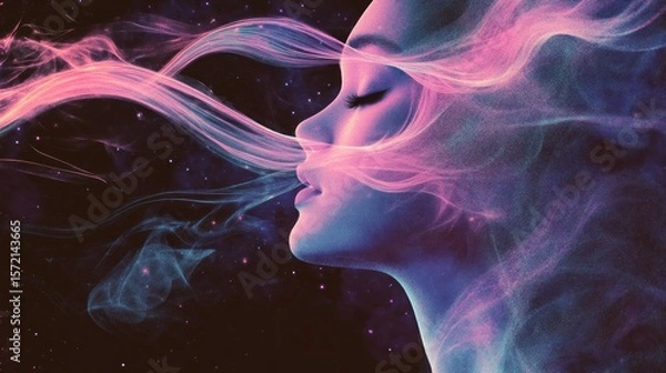 Fototapeta A fluid abstract background with flowing neon trails in soft hues of pink, lavender, and blue, gently glowing against a dark space to evoke calmness